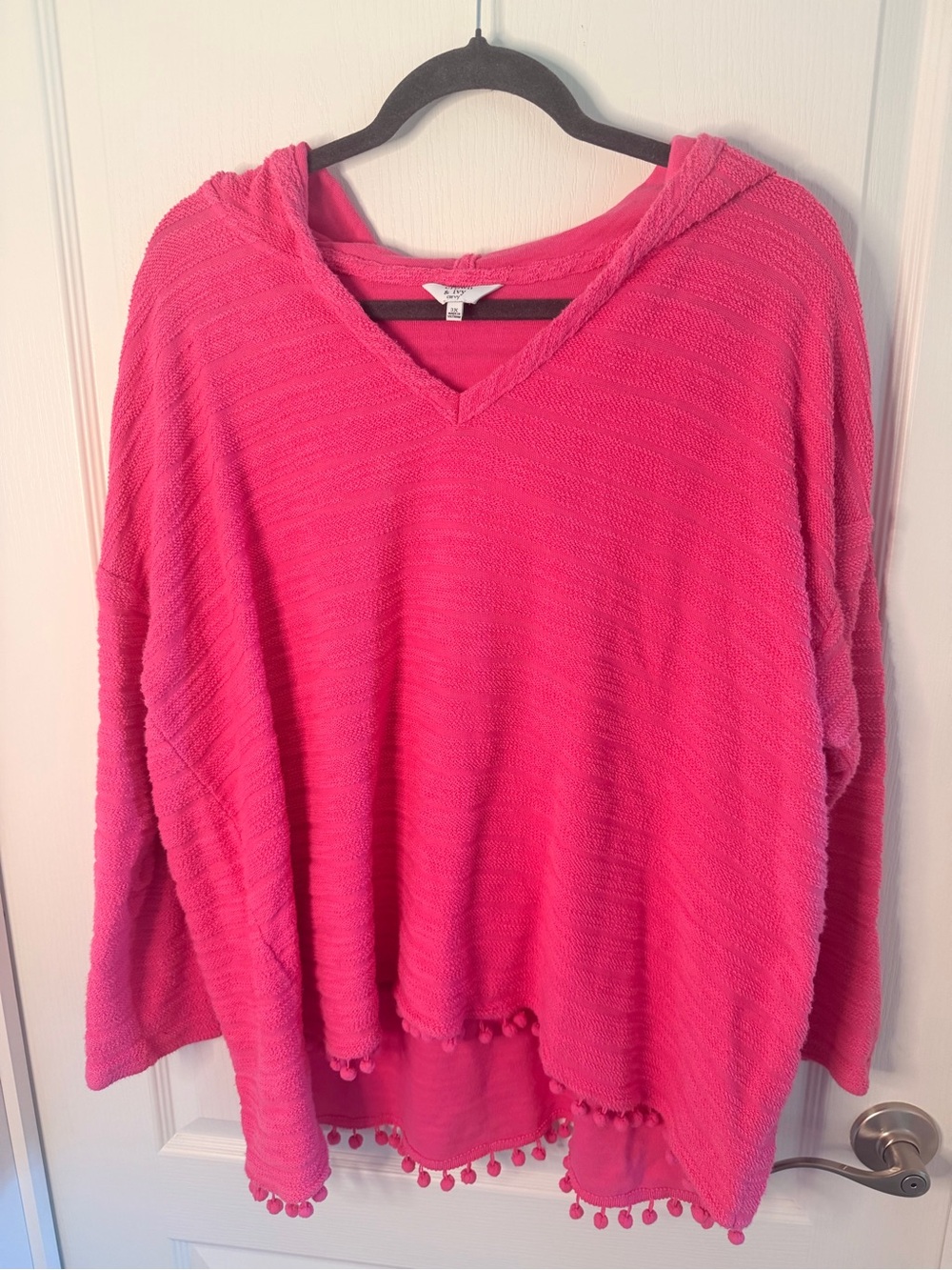 Crown and Ivey Bright Pink Hooded Pom-Pom Sweater
